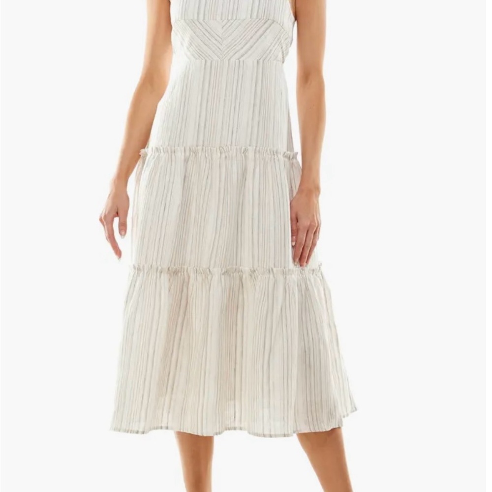 Socialiate Stripe Cutout Tiered Linen Sundress In Ivory Mocha Stripe